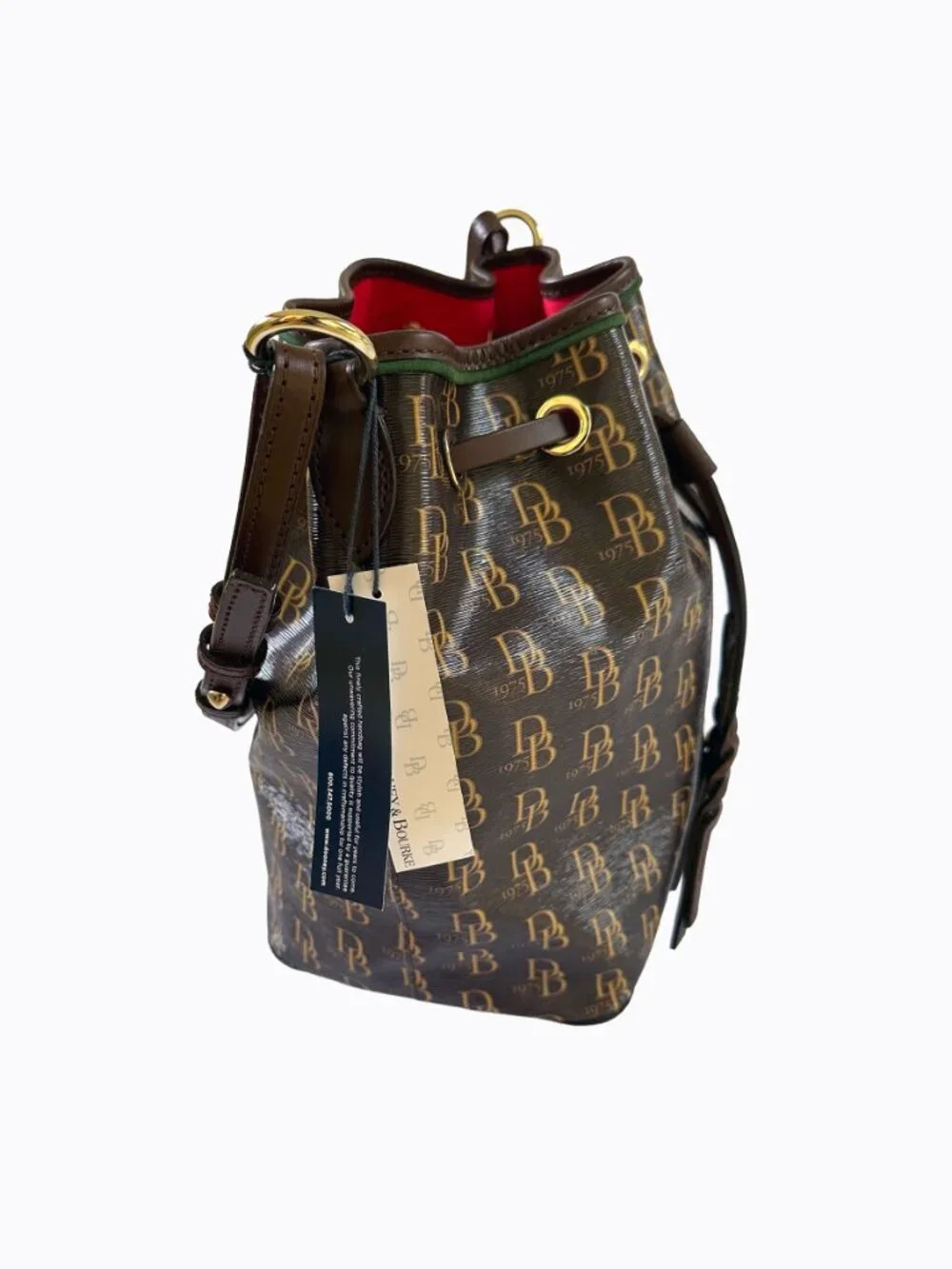 Dooney & Bourke Kendall Drawstring Bucket Bag Signature Monogram Brown Old Money